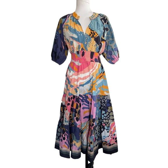 Bl^nk Dress Anthropologie Tiered Boho Midi Handmade Pink Blue Yellow Sz S - Picture 1 of 9